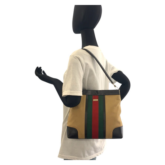 GUCCI Shoulder Bag 001 4231 Canvas, Leather Beige Brown Gold Metal Sherry line Women Used Authentic