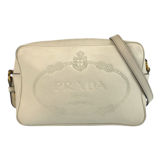 PRADA Shoulder Bag leather White GoldMetal Logo embossed