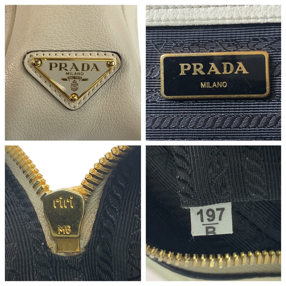 PRADA Shoulder Bag leather White GoldMetal Logo embossed