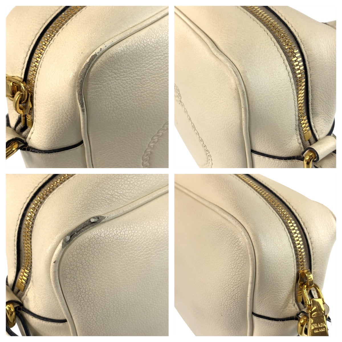 PRADA Shoulder Bag leather White GoldMetal Logo embossed
