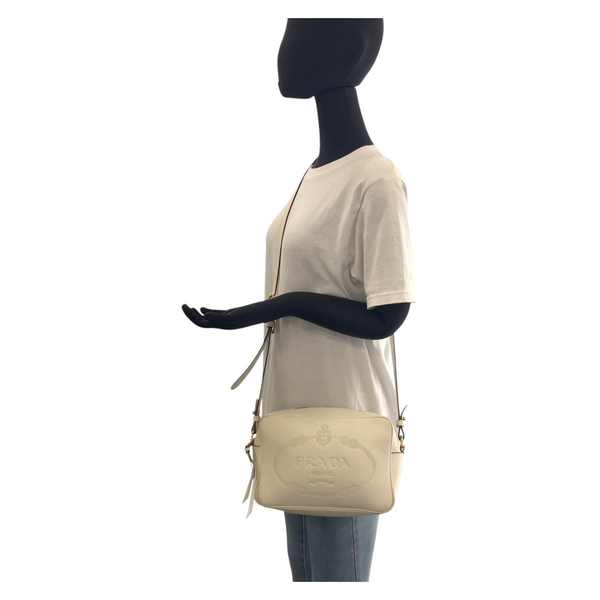 PRADA Shoulder Bag leather White GoldMetal Logo embossed