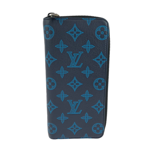 LOUIS VUITTON Long Wallet Purse M80423 Calfskin Navy Blue Black Metal Long Wallet Purse Zip Around monogram shadow Zippy Wallet Vertical mens Used Authentic