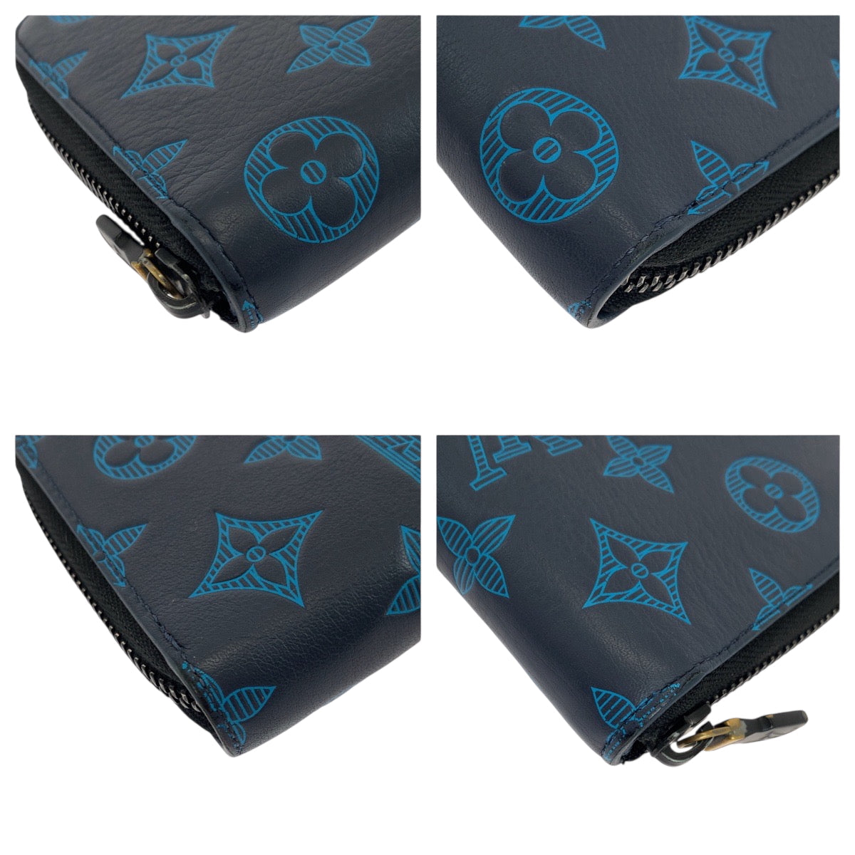 LOUIS VUITTON Long Wallet Purse M80423 Calfskin Navy Blue Black Metal Long Wallet Purse Zip Around monogram shadow Zippy Wallet Vertical mens Used Authentic