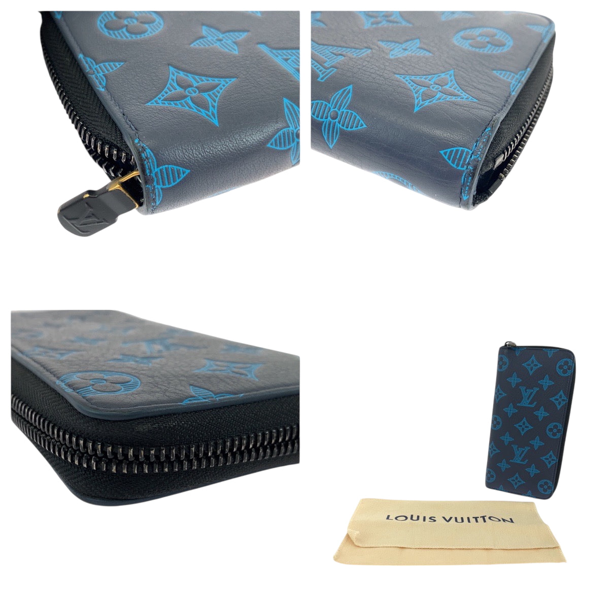 LOUIS VUITTON Long Wallet Purse M80423 Calfskin Navy Blue Black Metal Long Wallet Purse Zip Around monogram shadow Zippy Wallet Vertical mens Used Authentic