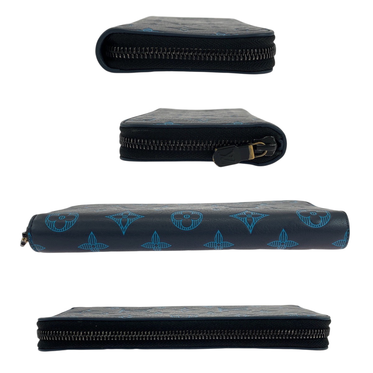 LOUIS VUITTON Long Wallet Purse M80423 Calfskin Navy Blue Black Metal Long Wallet Purse Zip Around monogram shadow Zippy Wallet Vertical mens Used Authentic