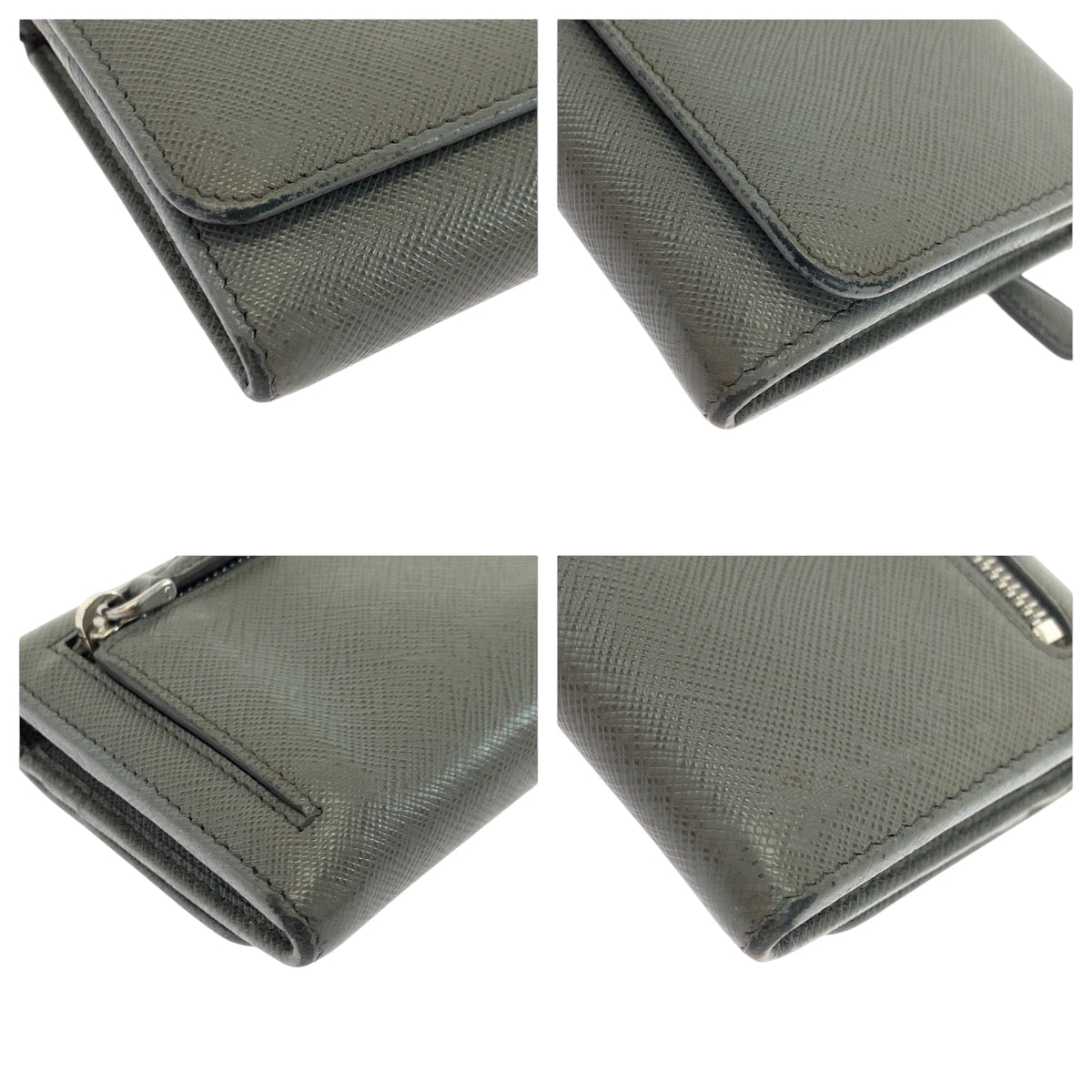 PRADA Long Wallet Purse 1MH132 leather Grey SilverMetal Long Wallet Purse with pass case Safiano logo Women Used Authentic