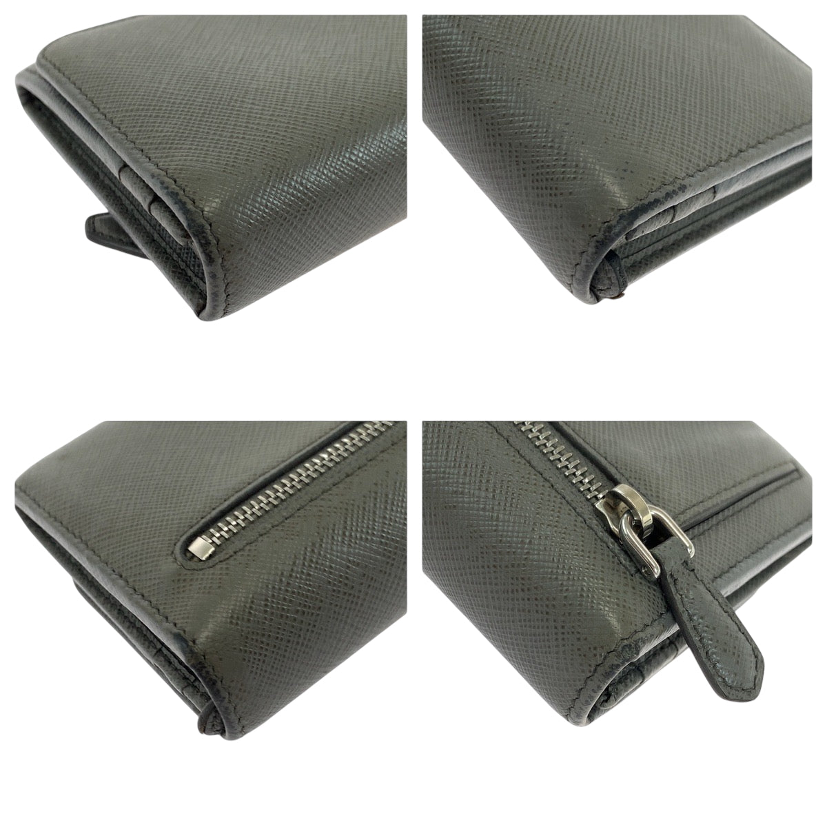 PRADA Long Wallet Purse 1MH132 leather Grey SilverMetal Long Wallet Purse with pass case Safiano logo Women Used Authentic