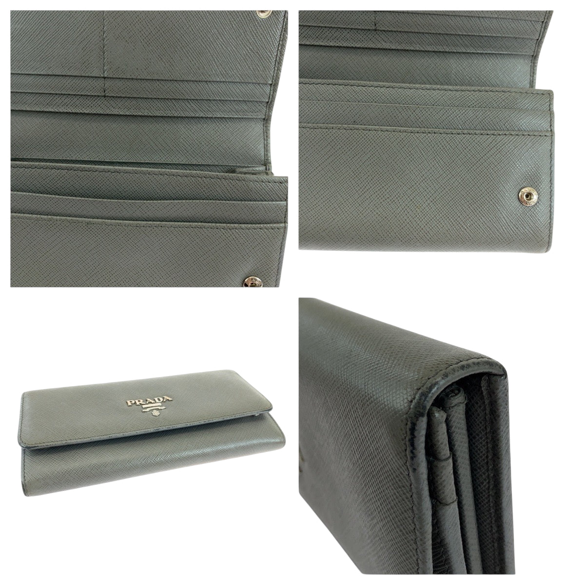 PRADA Long Wallet Purse 1MH132 leather Grey SilverMetal Long Wallet Purse with pass case Safiano logo Women Used Authentic