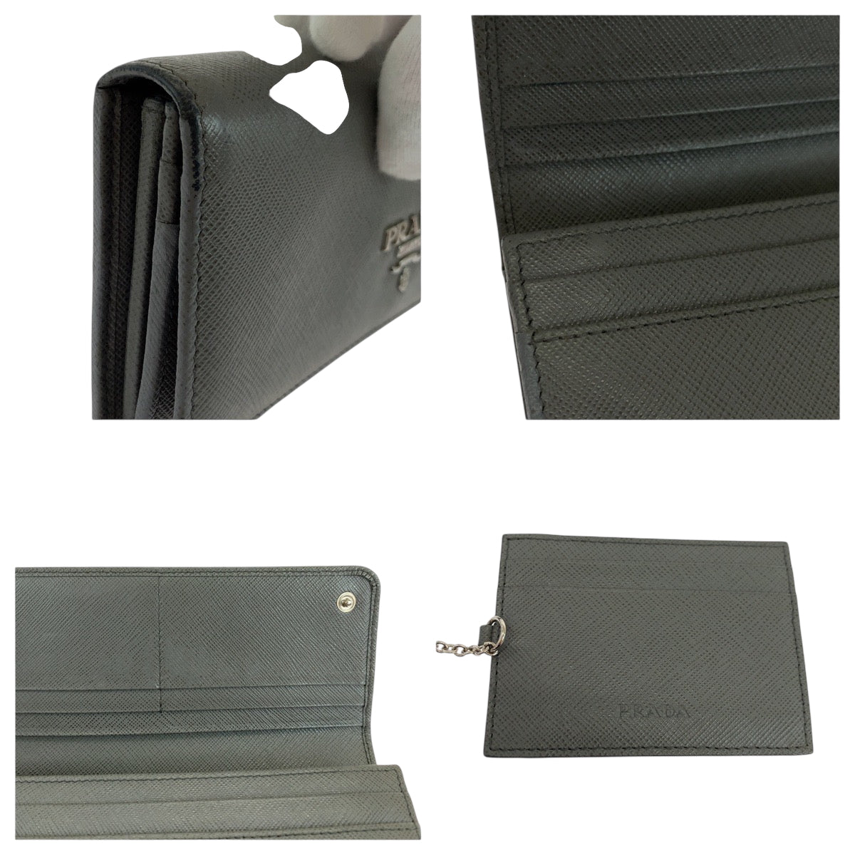 PRADA Long Wallet Purse 1MH132 leather Grey SilverMetal Long Wallet Purse with pass case Safiano logo Women Used Authentic