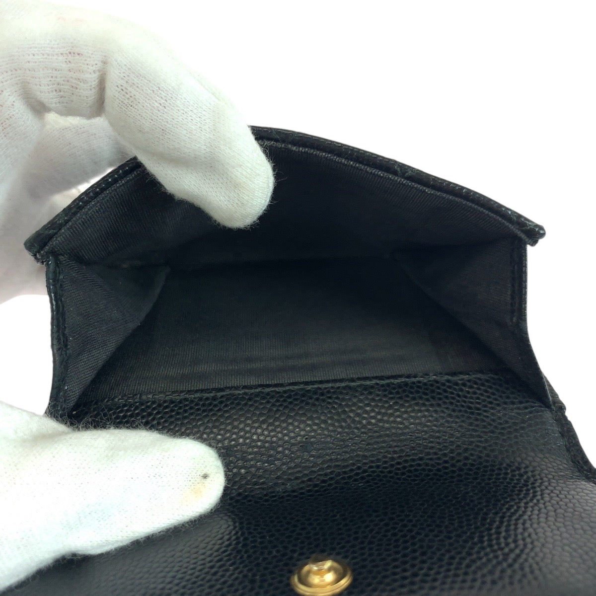CHANEL Tri-fold wallet Caviar skin Black GoldMetal Folding wallet Compact wallet Boy Chanel Small Flap COCO Mark Women Used Authentic