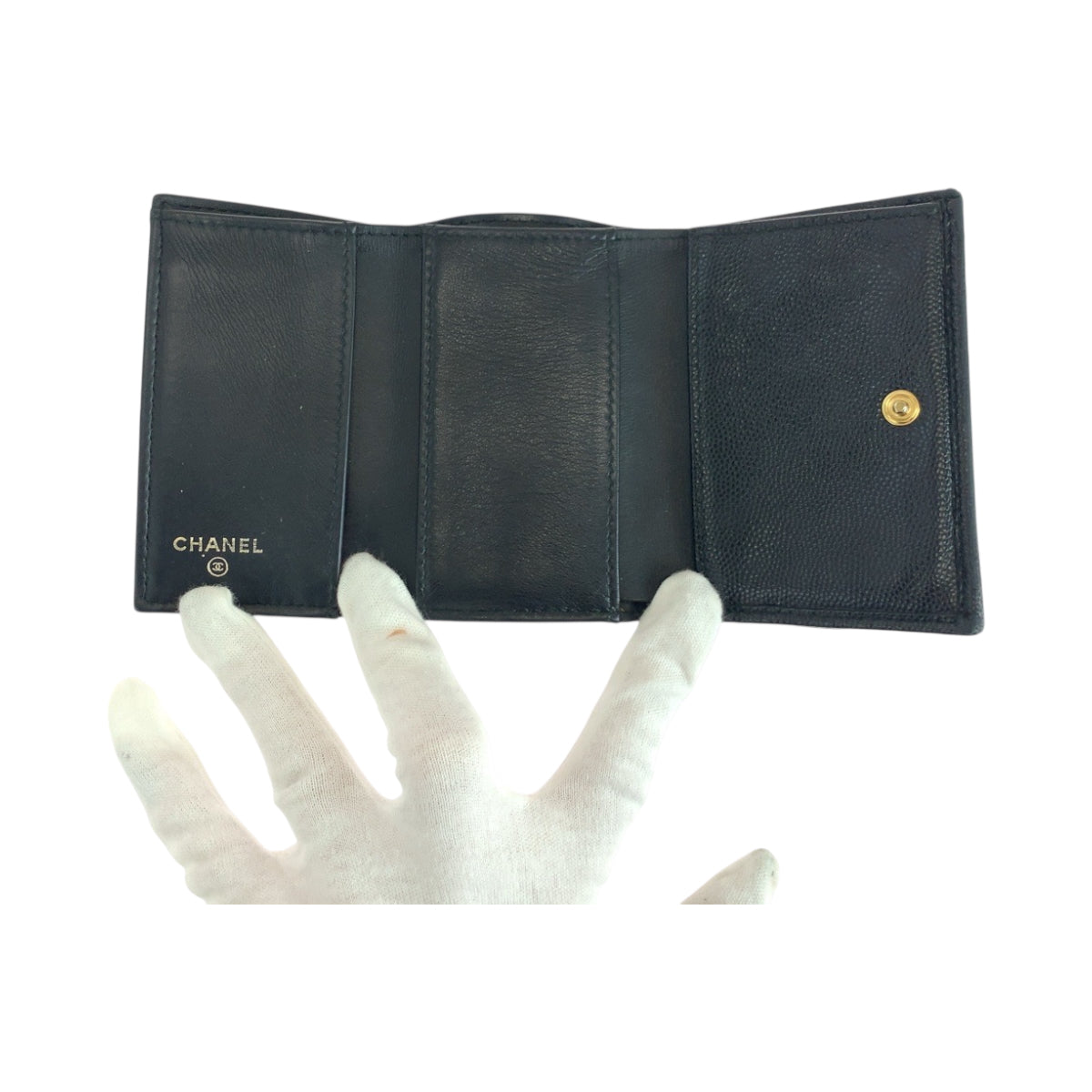 CHANEL Tri-fold wallet Caviar skin Black GoldMetal Folding wallet Compact wallet Boy Chanel Small Flap COCO Mark Women Used Authentic
