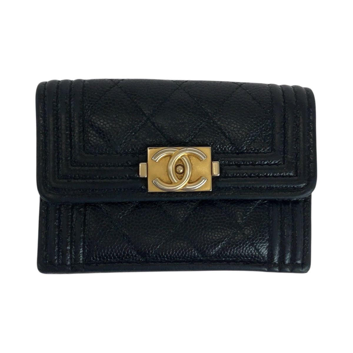CHANEL Tri-fold wallet Caviar skin Black GoldMetal Folding wallet Compact wallet Boy Chanel Small Flap COCO Mark Women Used Authentic