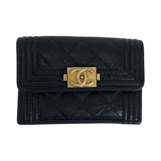 CHANEL Tri-fold wallet Caviar skin Black GoldMetal Folding wallet Compact wallet Boy Chanel Small Flap COCO Mark Women Used Authentic