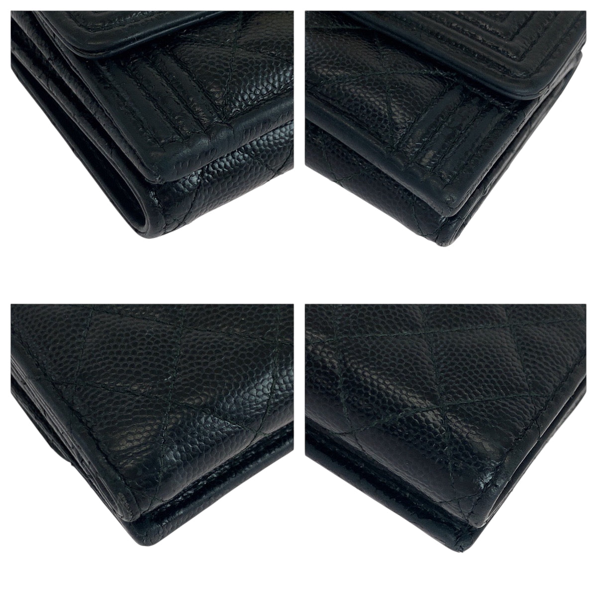 CHANEL Tri-fold wallet Caviar skin Black GoldMetal Folding wallet Compact wallet Boy Chanel Small Flap COCO Mark Women Used Authentic
