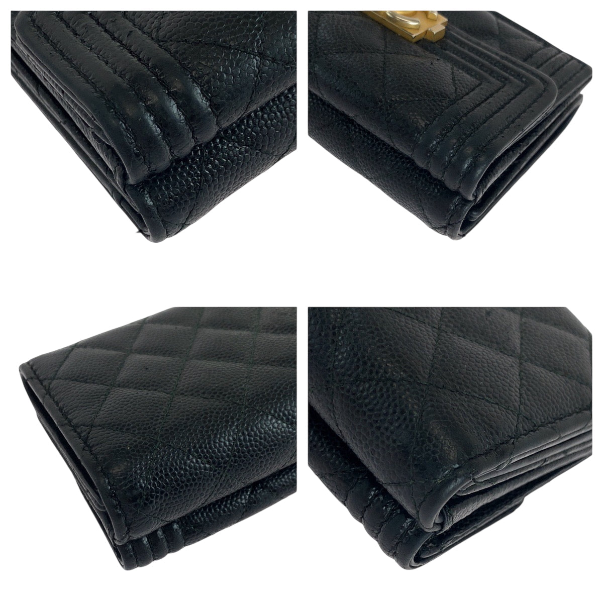 CHANEL Tri-fold wallet Caviar skin Black GoldMetal Folding wallet Compact wallet Boy Chanel Small Flap COCO Mark Women Used Authentic