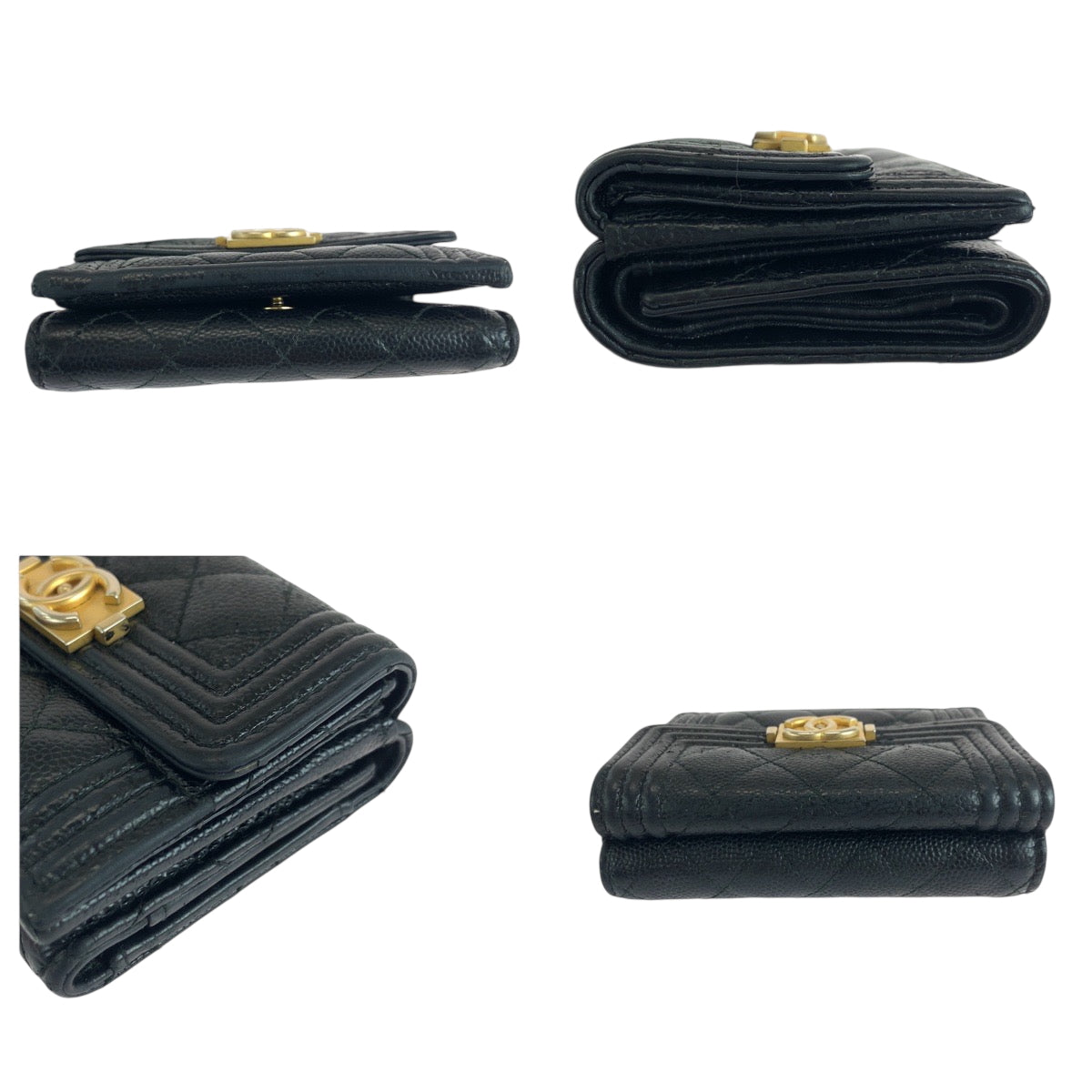 CHANEL Tri-fold wallet Caviar skin Black GoldMetal Folding wallet Compact wallet Boy Chanel Small Flap COCO Mark Women Used Authentic