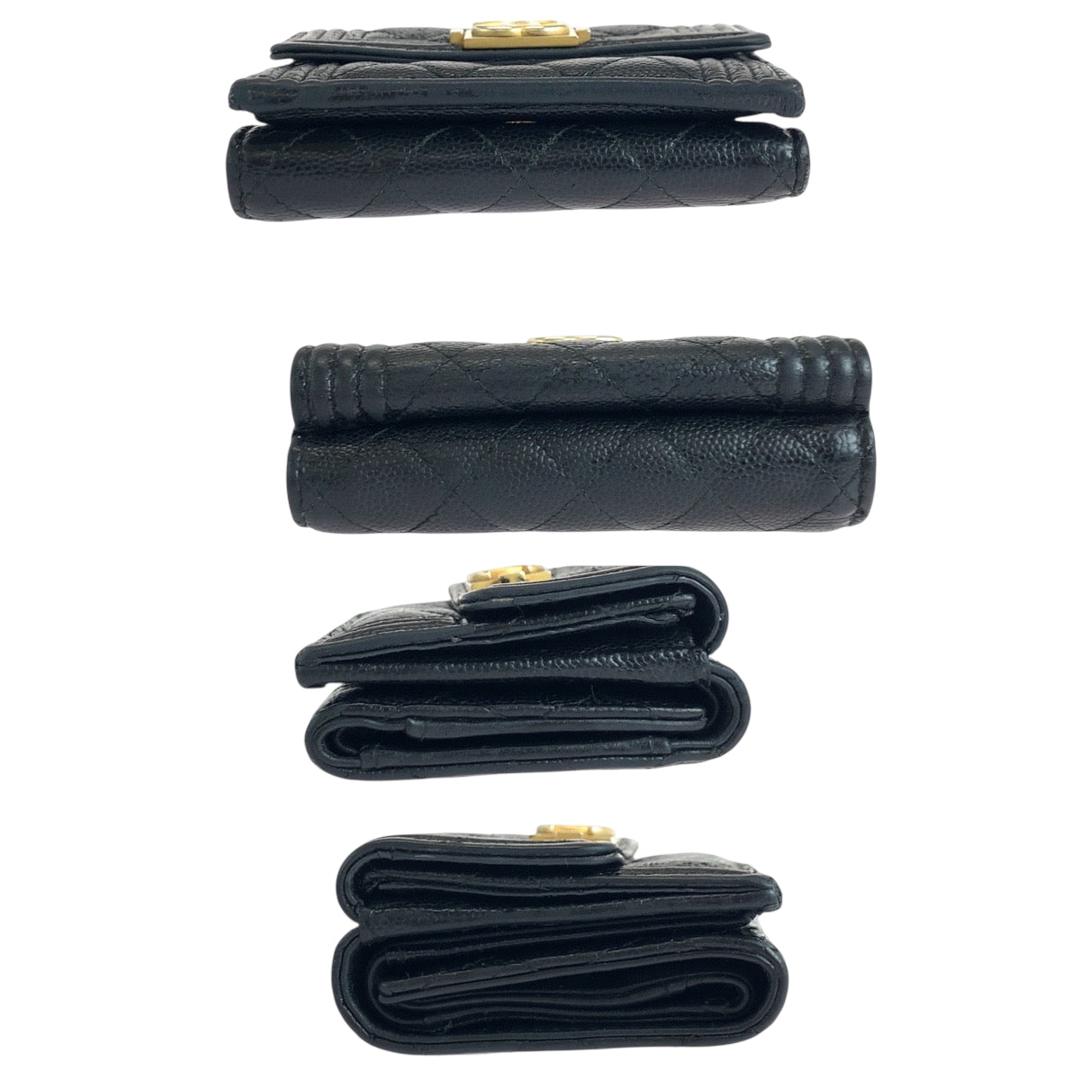 CHANEL Tri-fold wallet Caviar skin Black GoldMetal Folding wallet Compact wallet Boy Chanel Small Flap COCO Mark Women Used Authentic