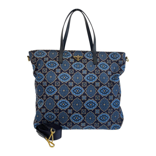 PRADA Tote Bag Nylon Blue Navy Gold Metal Test Triangle With logo