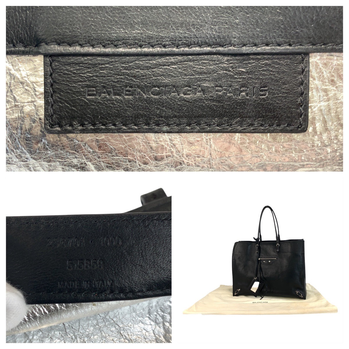 BALENCIAGA Tote Bag 236701 leather Black SilverMetal Tote Bag Shoulder Bag Unisex paper Women Used Authentic