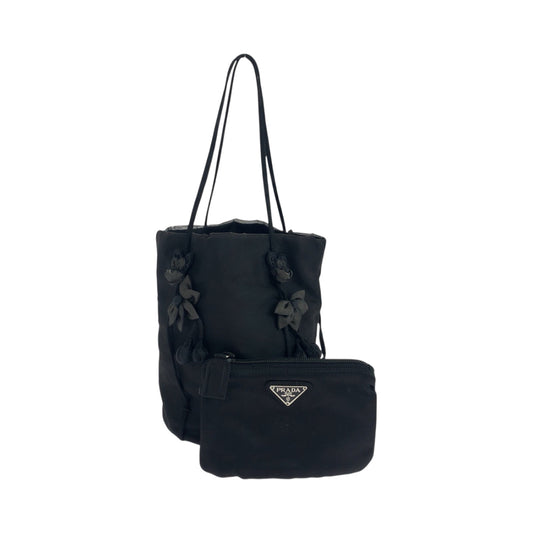 PRADA Tote Bag Nylon, Satin Black Silver Metal Tote Bag with pouch Tessuto Satin Women Used Authentic