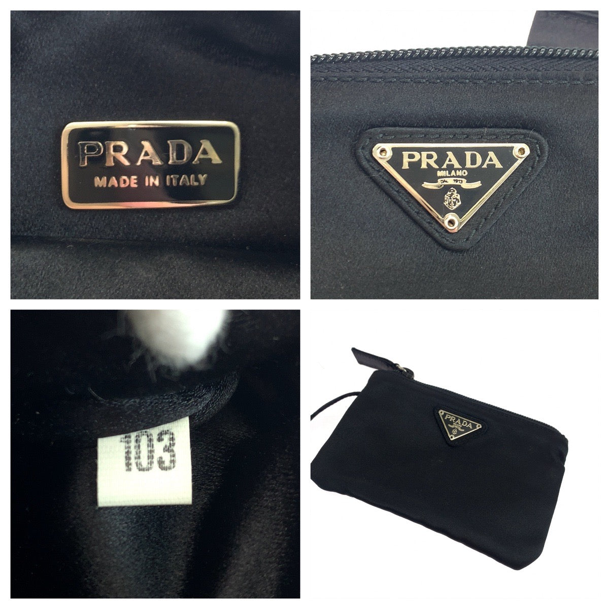 PRADA Tote Bag Nylon, Satin Black Silver Metal Tote Bag with pouch Tessuto Satin Women Used Authentic