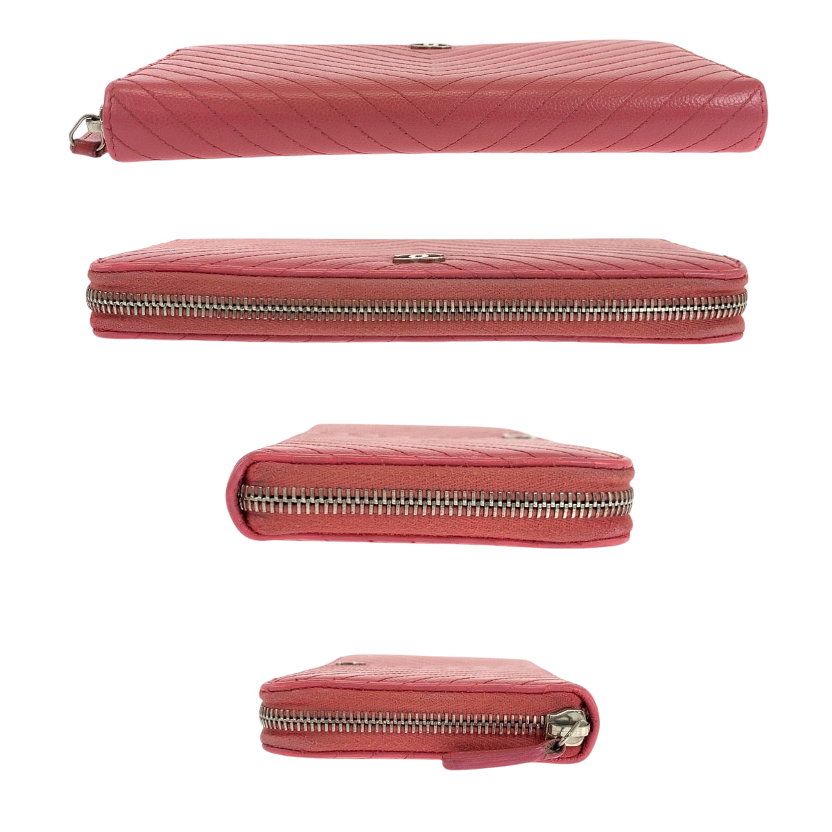 CHANEL Long Wallet Purse Caviar skin Pink Gold Metal Long Wallet Purse Zip Around V Chevron Vstitch COCO Mark Women Used Authentic