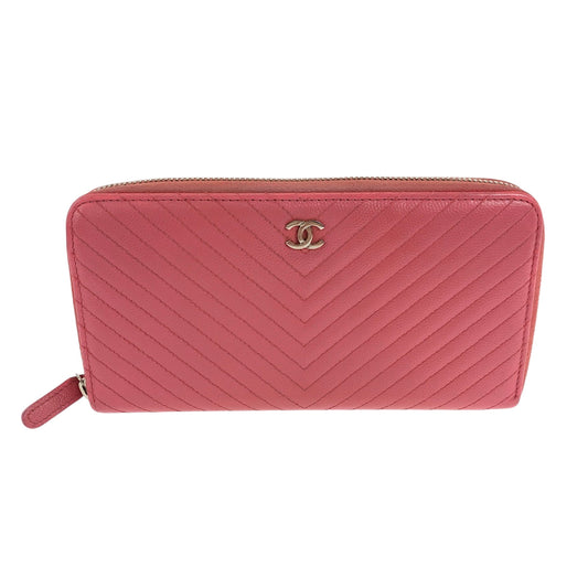 CHANEL Long Wallet Purse Caviar skin Pink Gold Metal Long Wallet Purse Zip Around V Chevron Vstitch COCO Mark Women Used Authentic
