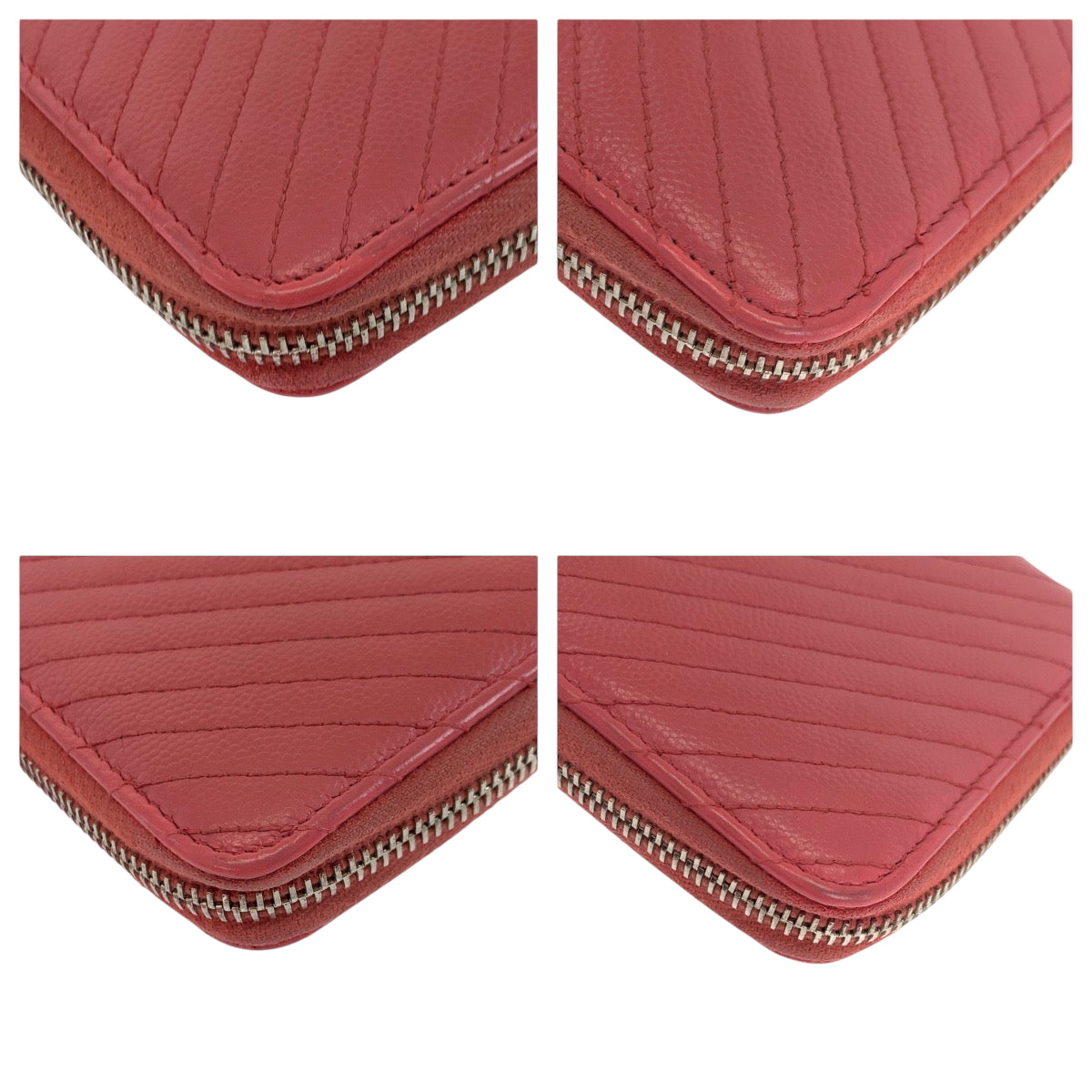 CHANEL Long Wallet Purse Caviar skin Pink Gold Metal Long Wallet Purse Zip Around V Chevron Vstitch COCO Mark Women Used Authentic