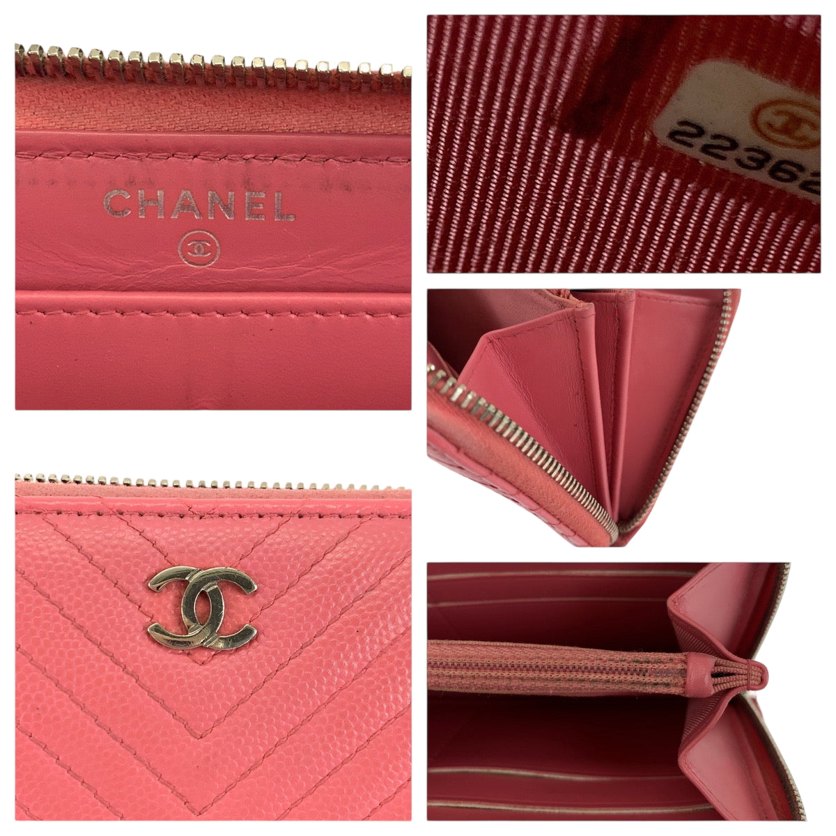 CHANEL Long Wallet Purse Caviar skin Pink Gold Metal Long Wallet Purse Zip Around V Chevron Vstitch COCO Mark Women Used Authentic