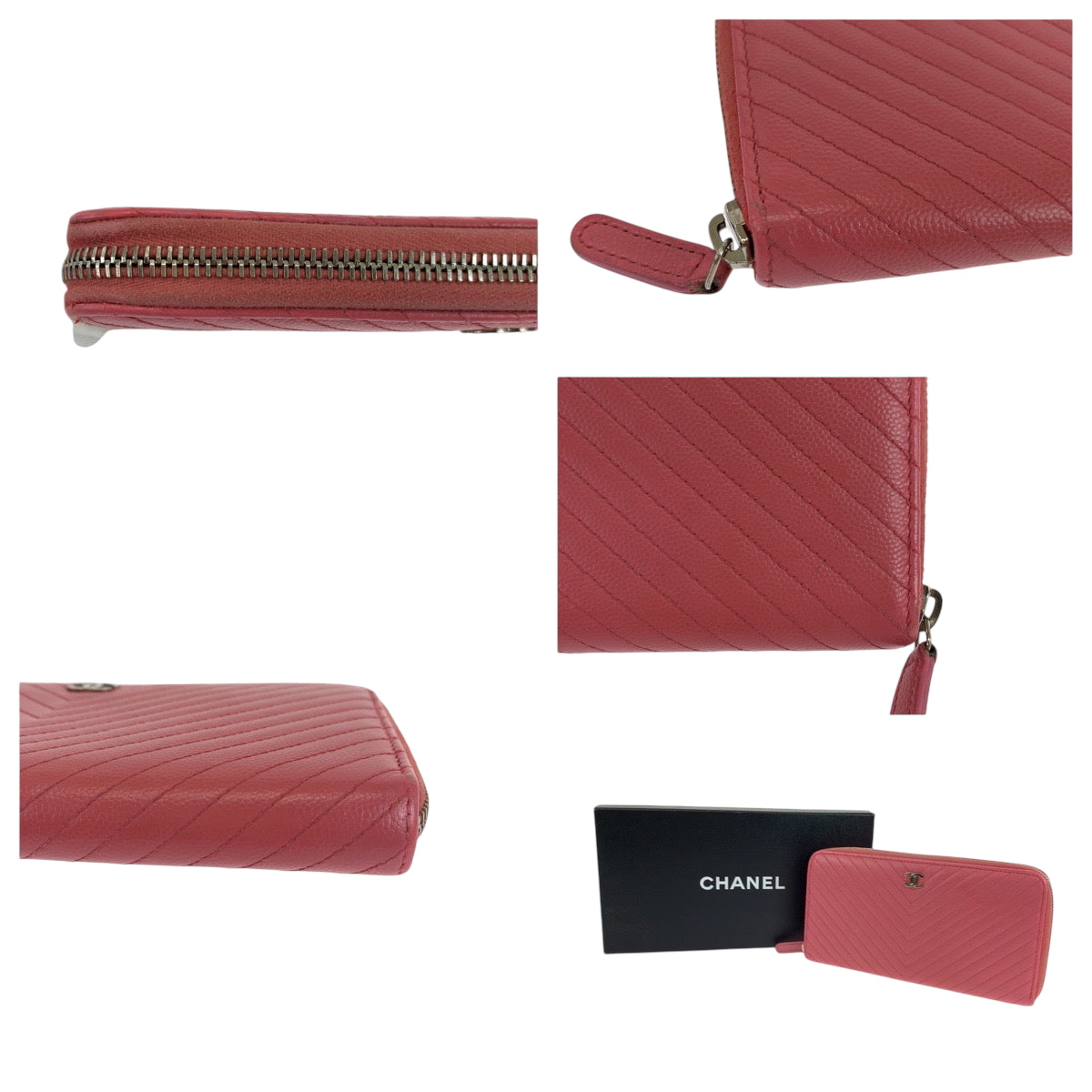 CHANEL Long Wallet Purse Caviar skin Pink Gold Metal Long Wallet Purse Zip Around V Chevron Vstitch COCO Mark Women Used Authentic