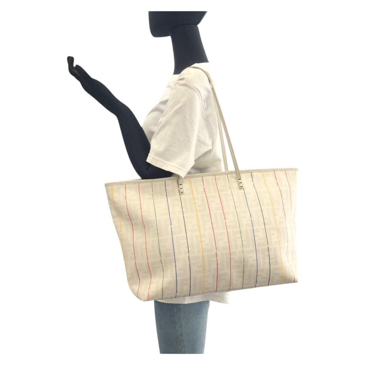 FENDI Tote Bag 88H185 HQP leather White multicolor Tote Bag Shoulder Bag Zucca Women Used Authentic