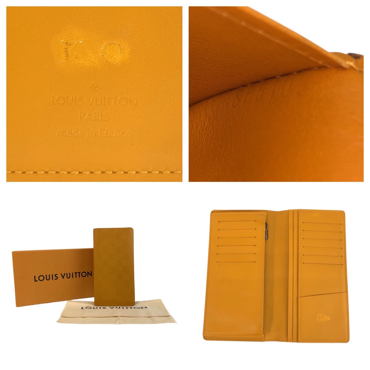 LOUIS VUITTON Long Wallet Purse N63146 leather Solar Yellow SilverMetal Long Wallet Purse Damier Anfini Portefeuille Braza mens Used Authentic