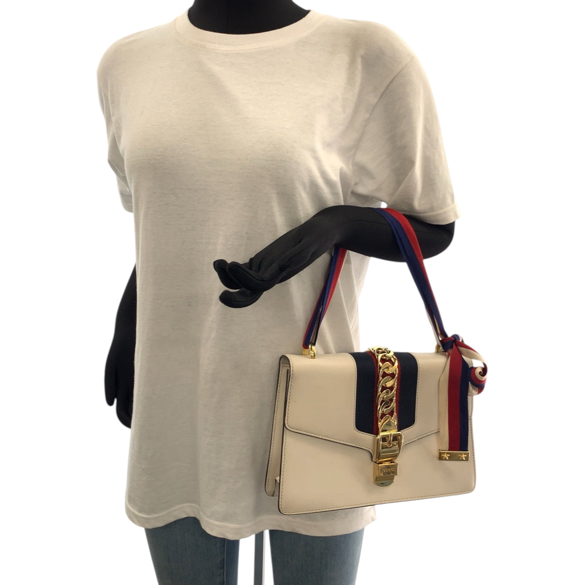 GUCCI Shoulder Bag 421882 Calfskin Ivory Gold Metal Shoulder Bag handbag sherry line sylvie Women Used Authentic