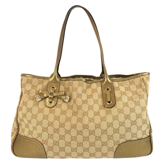 GUCCI Tote Bag 163805 GG canvas, leather Beige gold Tote Bag Shoulder Bag Pretty Women Used Authentic