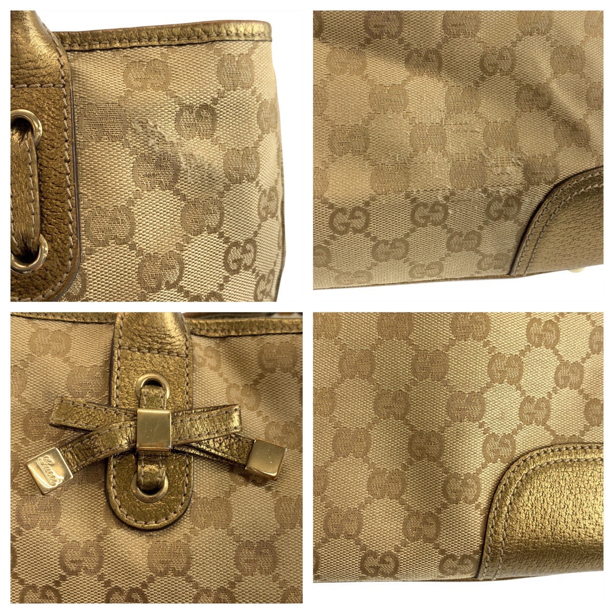 GUCCI Tote Bag 163805 GG canvas, leather Beige gold Tote Bag Shoulder Bag Pretty Women Used Authentic