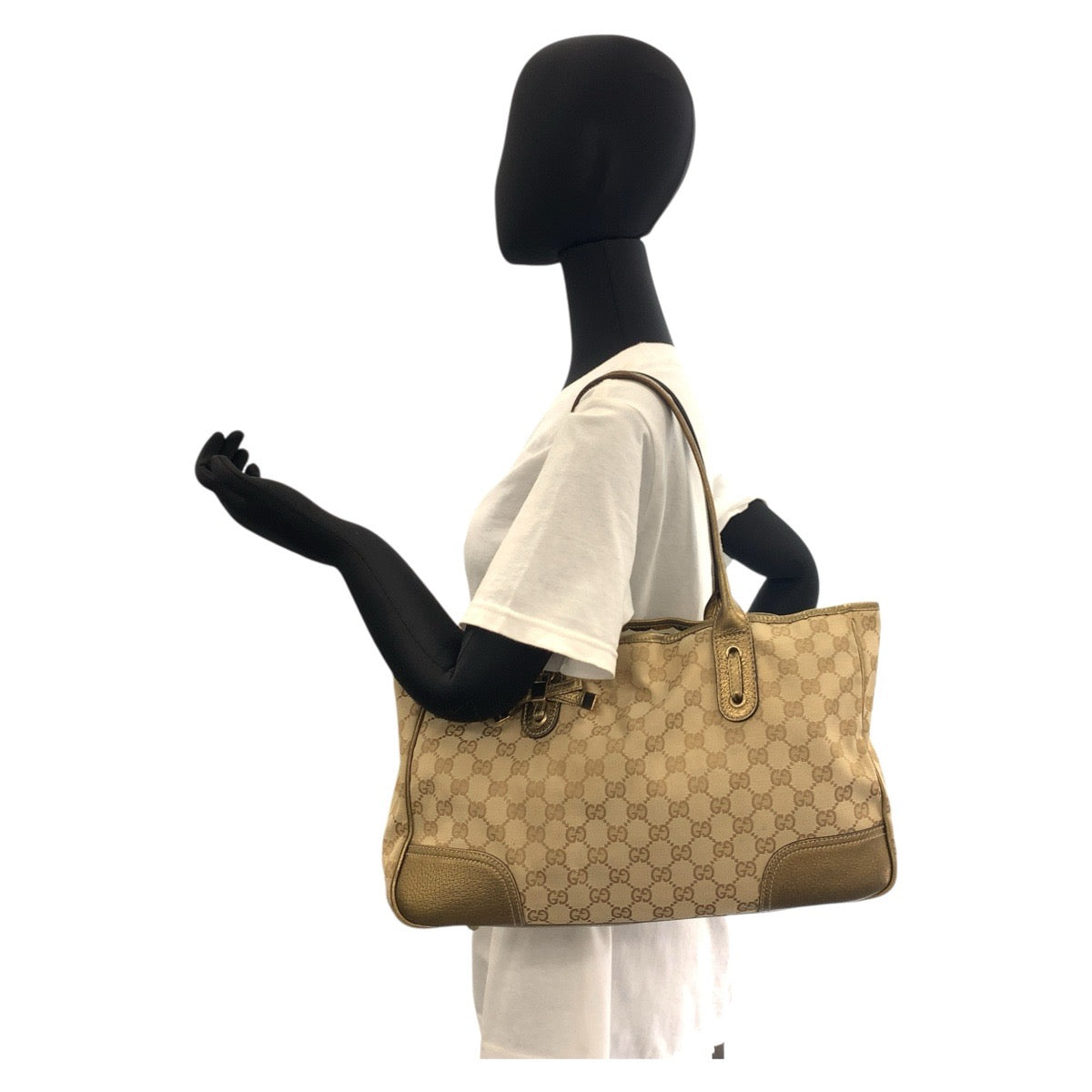 GUCCI Tote Bag 163805 GG canvas, leather Beige gold Tote Bag Shoulder Bag Pretty Women Used Authentic