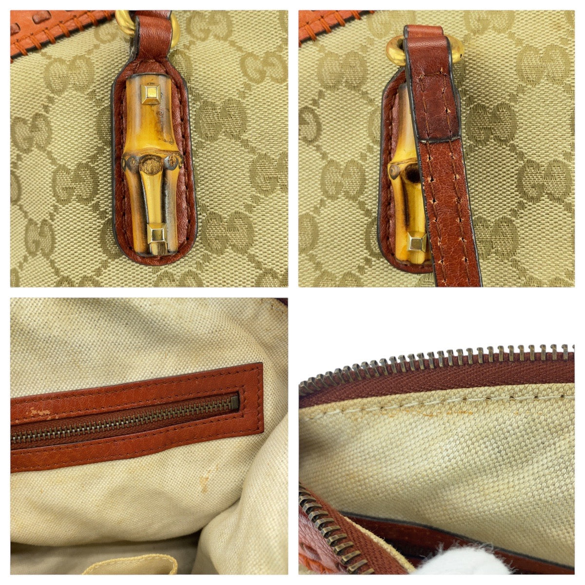 GUCCI Handbag 339002 GG canvas, leather Beige Orange Gold Metal Handbag Shoulder Bag Bamboo Women Used Authentic