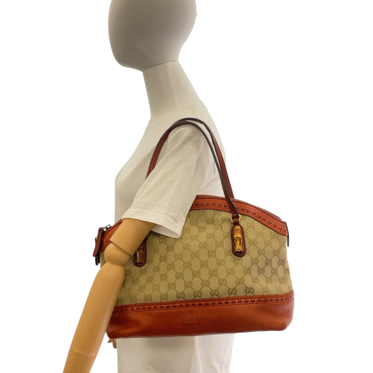 GUCCI Handbag 339002 GG canvas, leather Beige Orange Gold Metal Handbag Shoulder Bag Bamboo Women Used Authentic
