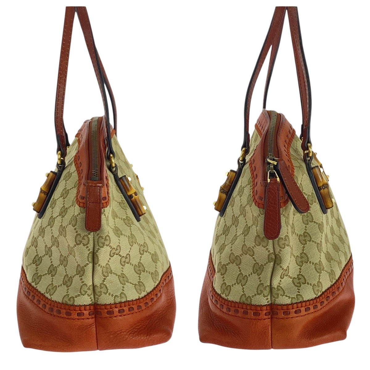 GUCCI Handbag 339002 GG canvas, leather Beige Orange Gold Metal Handbag Shoulder Bag Bamboo Women Used Authentic