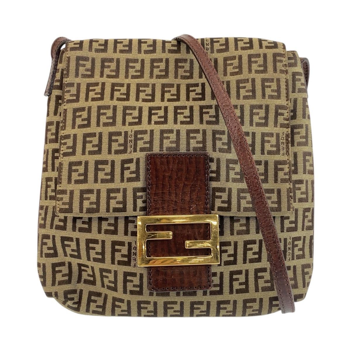 FENDI Shoulder Bag 8BT075 Canvas, Leather Beige Brown Gold Metal Shoulder Bag pochette Zucchino Women Used Authentic