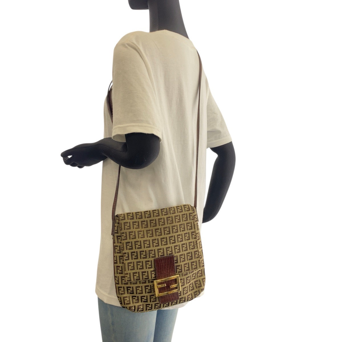 FENDI Shoulder Bag 8BT075 Canvas, Leather Beige Brown Gold Metal Shoulder Bag pochette Zucchino Women Used Authentic