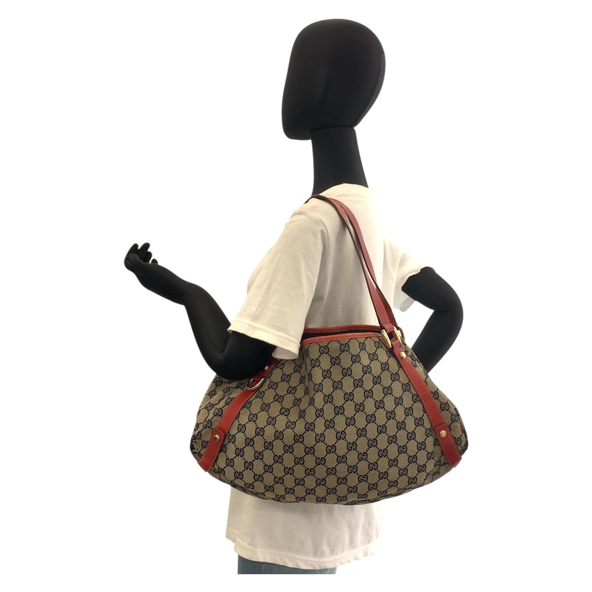 GUCCI Tote Bag 130736 GG canvas Gray Red Gold Metal Abbey
