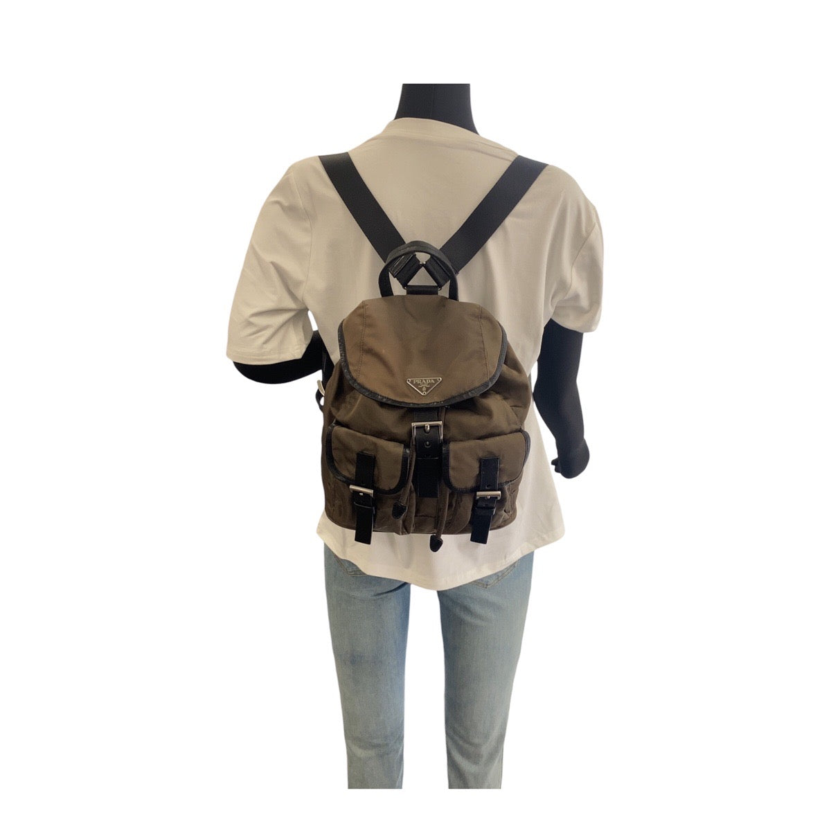 PRADA Backpack BZ0001 Nylon Khaki Gray Black Silver Metal Test Triangle With logo