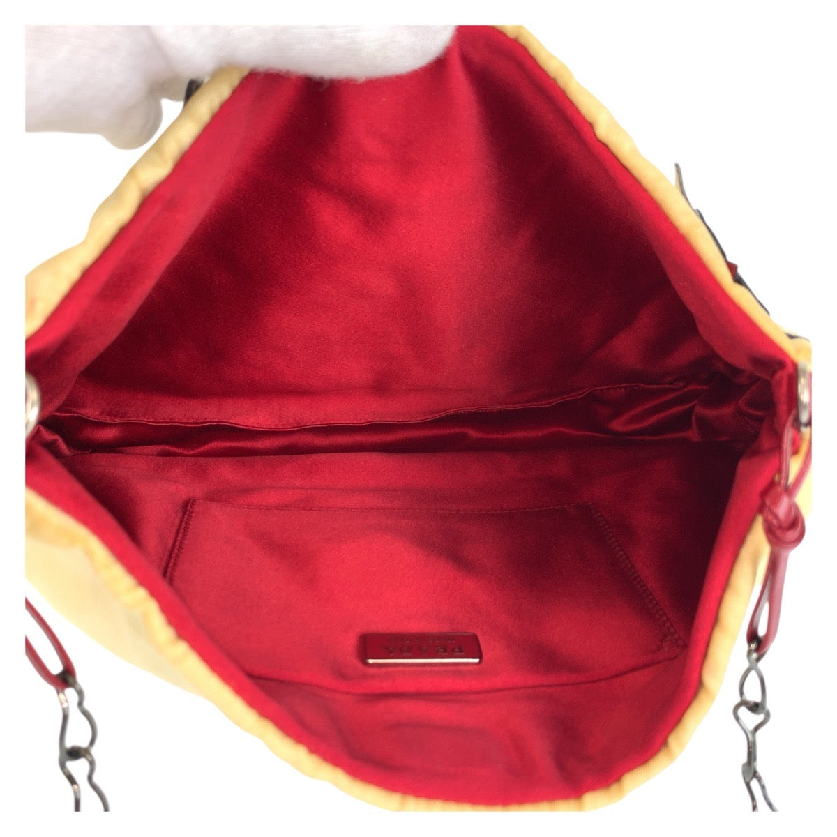 PRADA Shoulder Bag Nylon, Leather Beige Red SilverMetal Shoulder Bag accessory pouch Triangle With logo Women Used Authentic