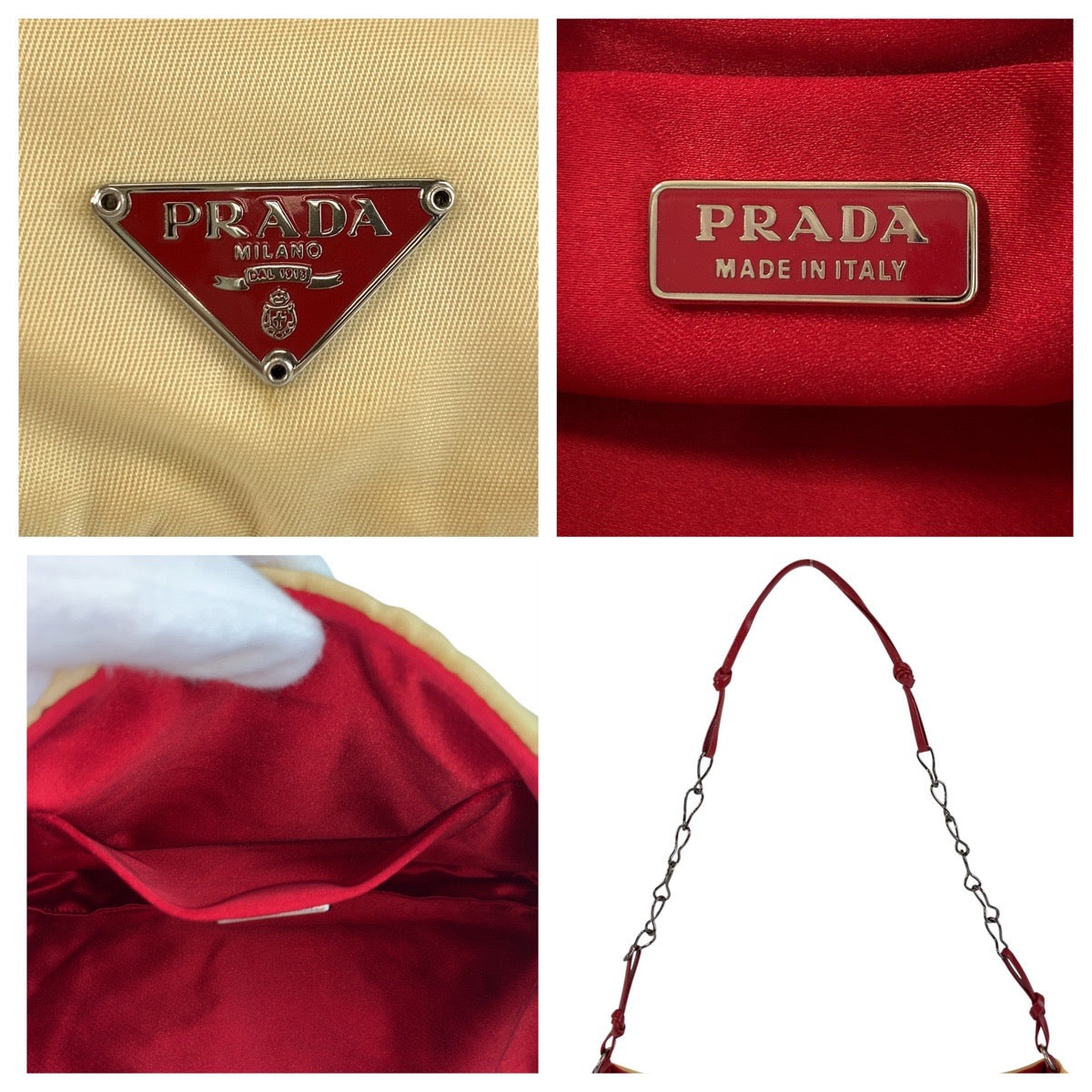 PRADA Shoulder Bag Nylon, Leather Beige Red SilverMetal Shoulder Bag accessory pouch Triangle With logo Women Used Authentic