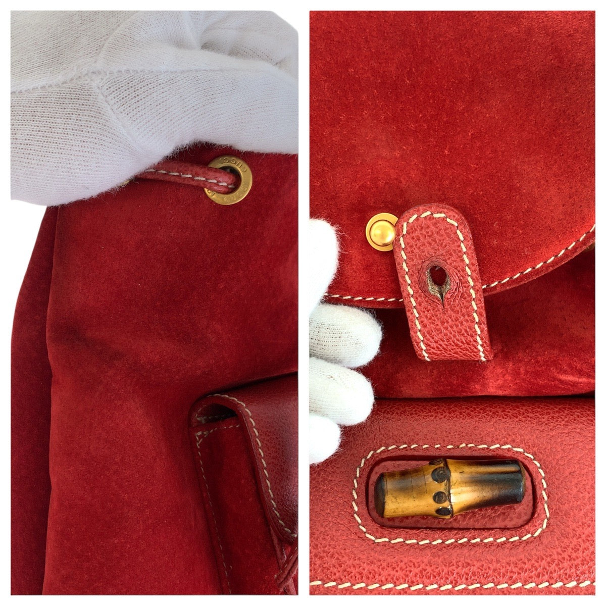 GUCCI Backpack 003 2034 0030 Suede Red Gold Metal Bamboo