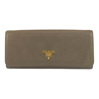 PRADA Long Wallet Purse leather Greige Gold Metal Long Wallet Purse logo Women Used Authentic