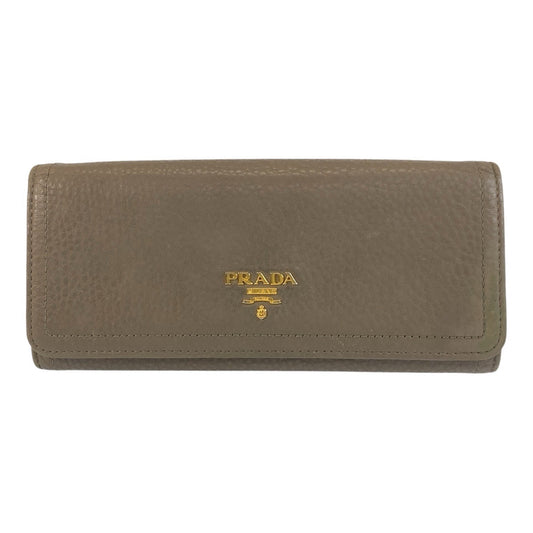 PRADA Long Wallet Purse leather Greige Gold Metal Long Wallet Purse logo Women Used Authentic
