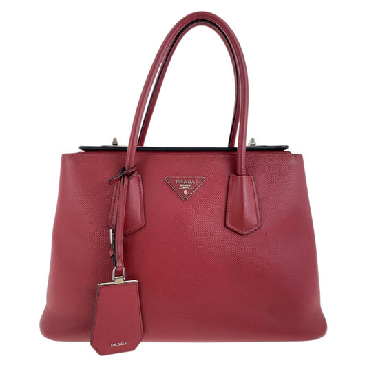 PRADA Tote Bag leather Red Silver Metal Safiano Triangle With logo