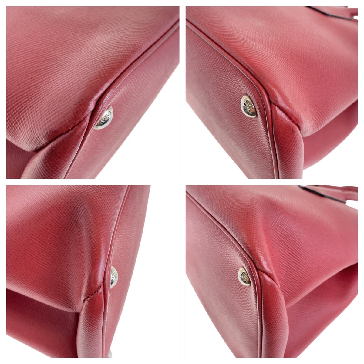 PRADA Tote Bag leather Red Silver Metal Safiano Triangle With logo